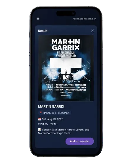 Application mobile de reconnaissance d’affiches d’événements, fiche de résultat