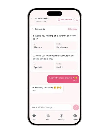 Application mobile de messagerie et de quiz entre proches, écran de discussion