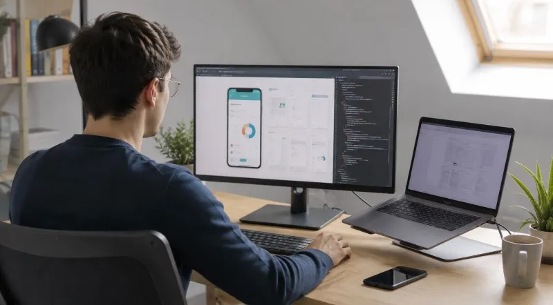 Développeur travaillant sur la maquette et le code d’une application mobile, écran partagé entre l’interface et le code source